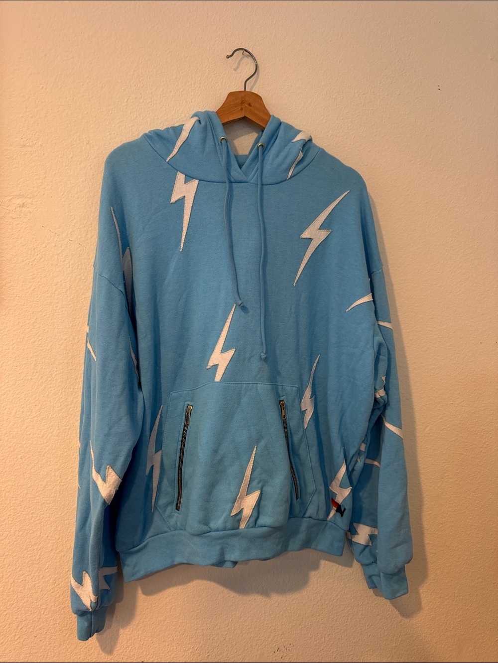 Aviator Nation Light Blue Stitched Lightning-Print Hoodie Sweater